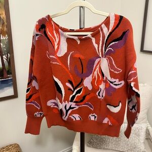 Anthropologie Maeve Boat Neck Burnt Orange and Purple Floral Sweater